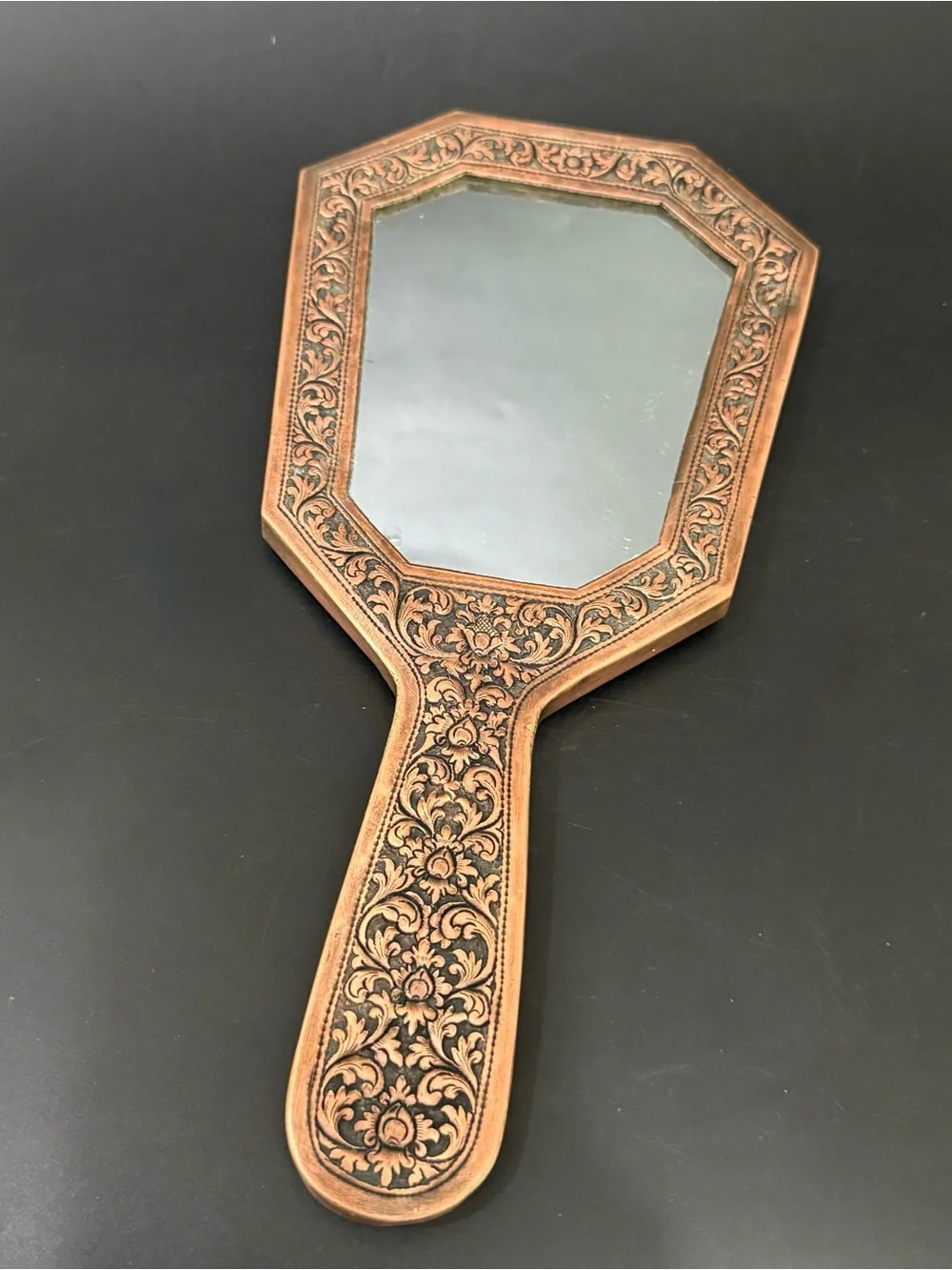 Vintage Cambodian Temple Embossed Ornate Silverplate on Copper Hand Held Mirror